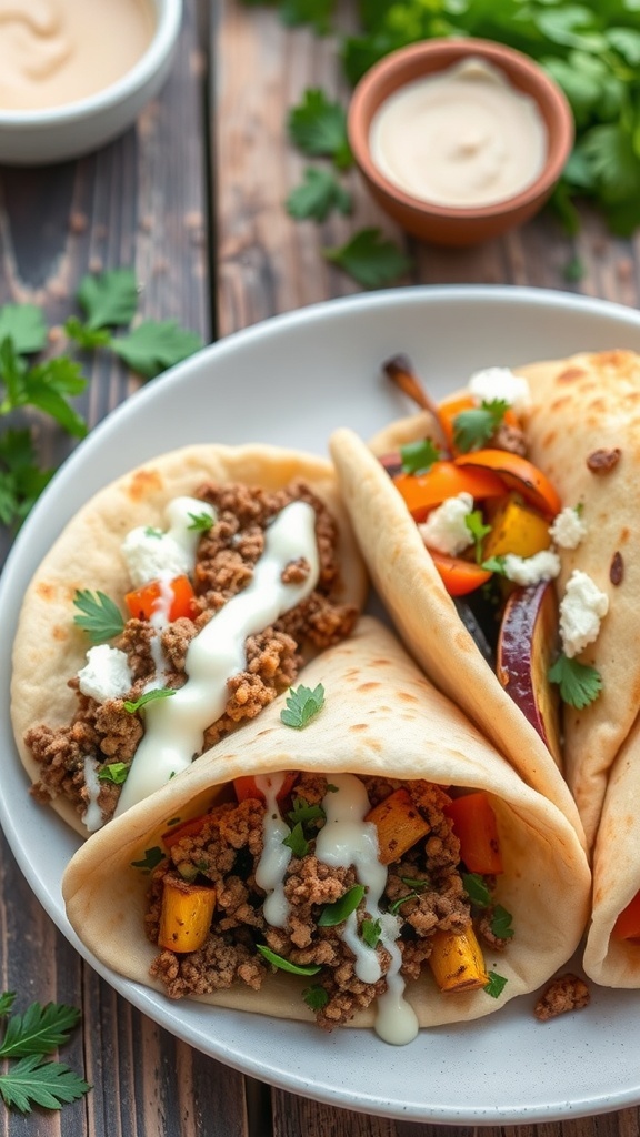 Savory Pita Bread Stuffing Ideas Stuffed pita bread with ground beef, herbs, and yogurt sauce, alongside roasted vegetable-filled pita on a rustic table.